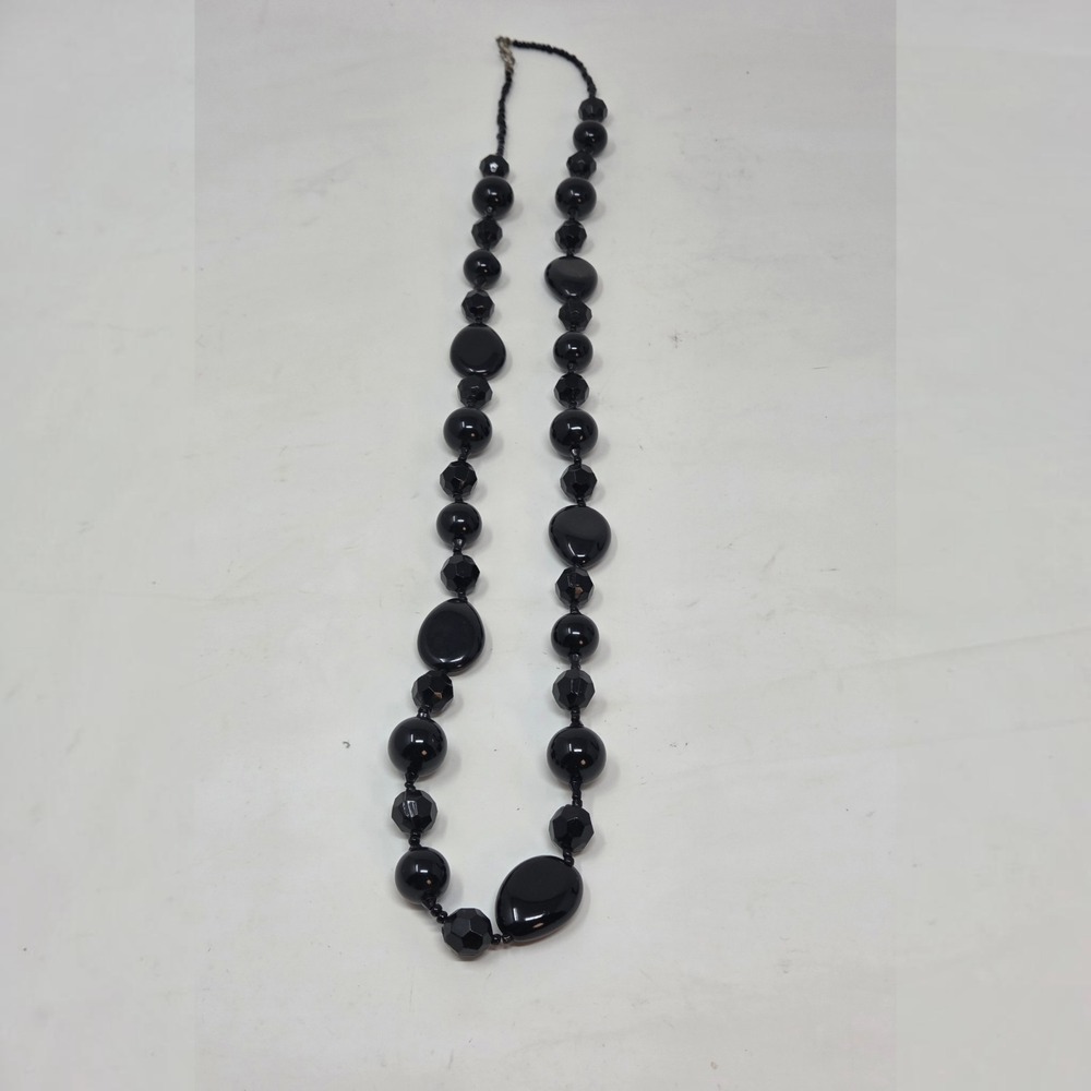 Retro Black Glass Bead‎ Necklace Graduated Faceted Round 30in Costume Jewelry